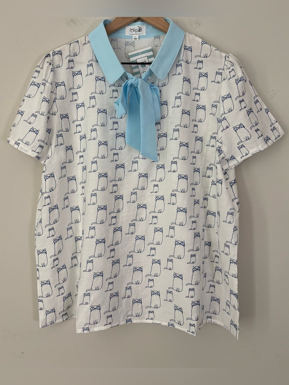 Tulip B Cat Print with Blue Bow Collar Top